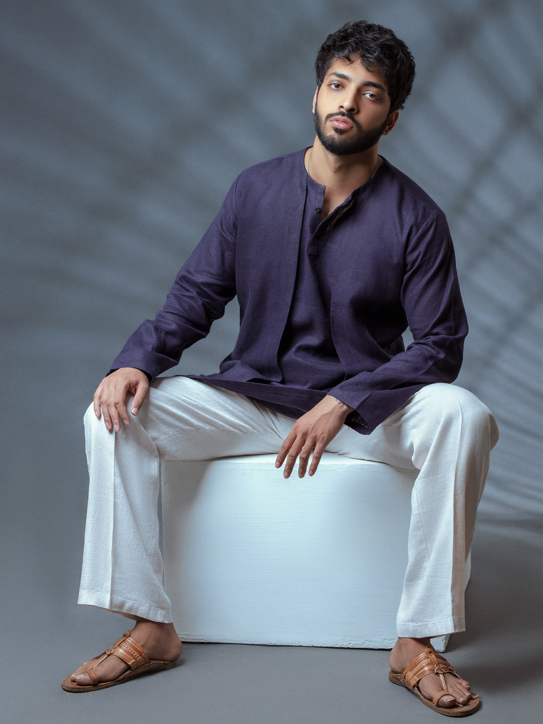 Deep Purple Linen Short Kurta - ALCR-K-009 - Almirah Online