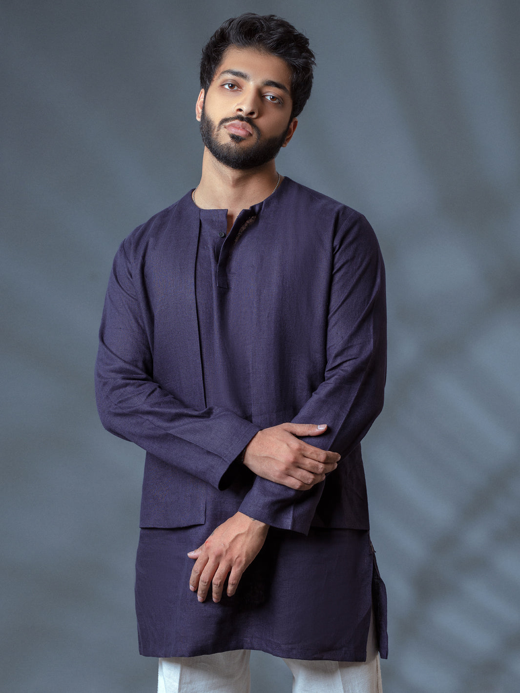 Deep Purple Linen Short Kurta - ALCR-K-009 - Almirah Online