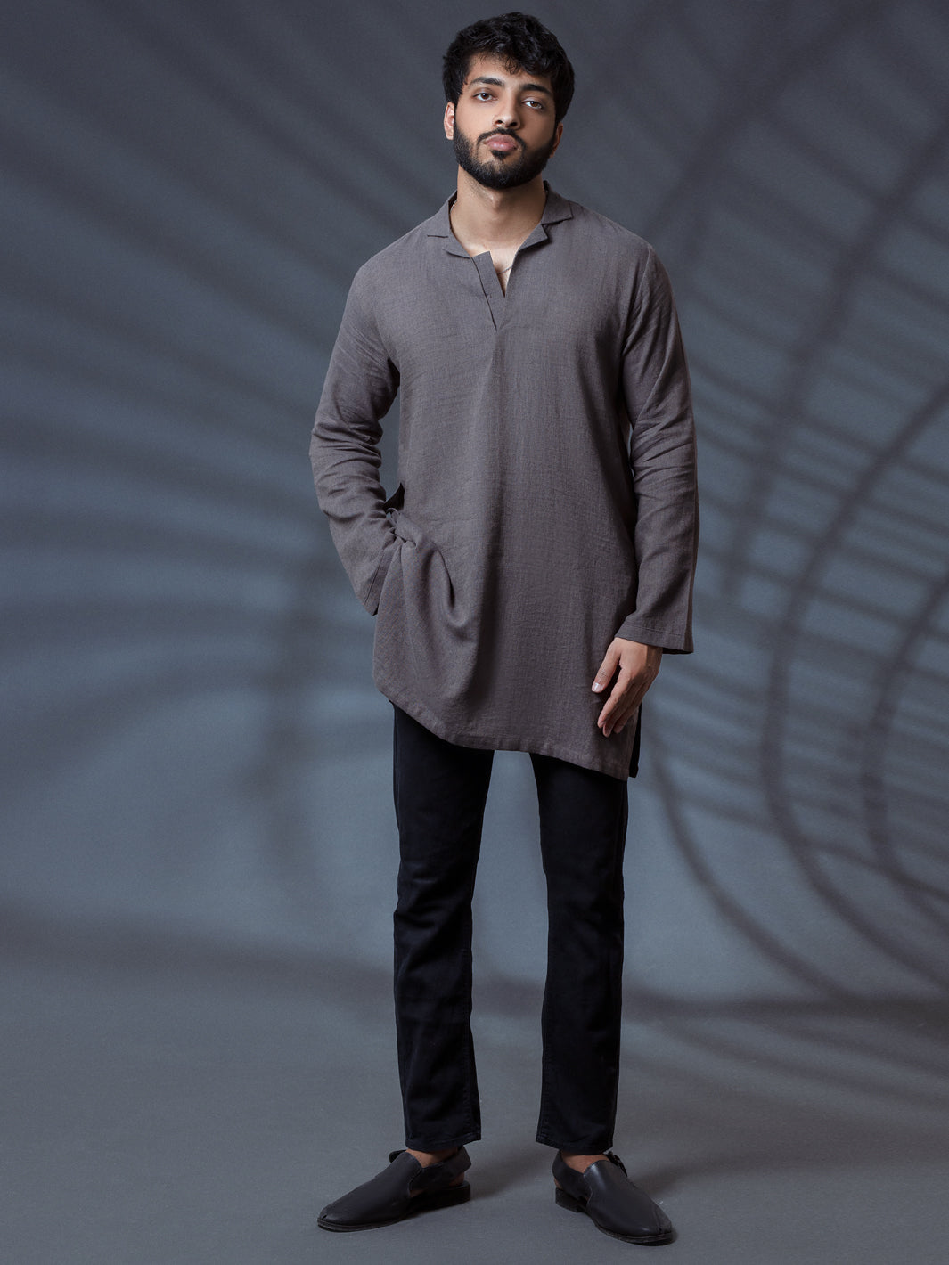 Grey Linen Short Kurta - ALCR-K-011 - Almirah Online