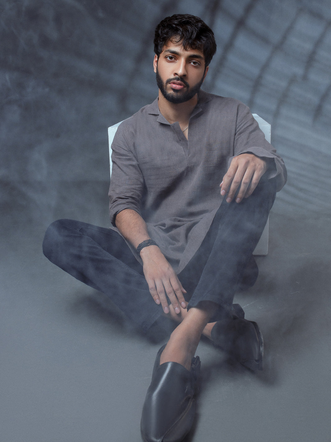 Grey Linen Short Kurta - ALCR-K-011 - Almirah Online