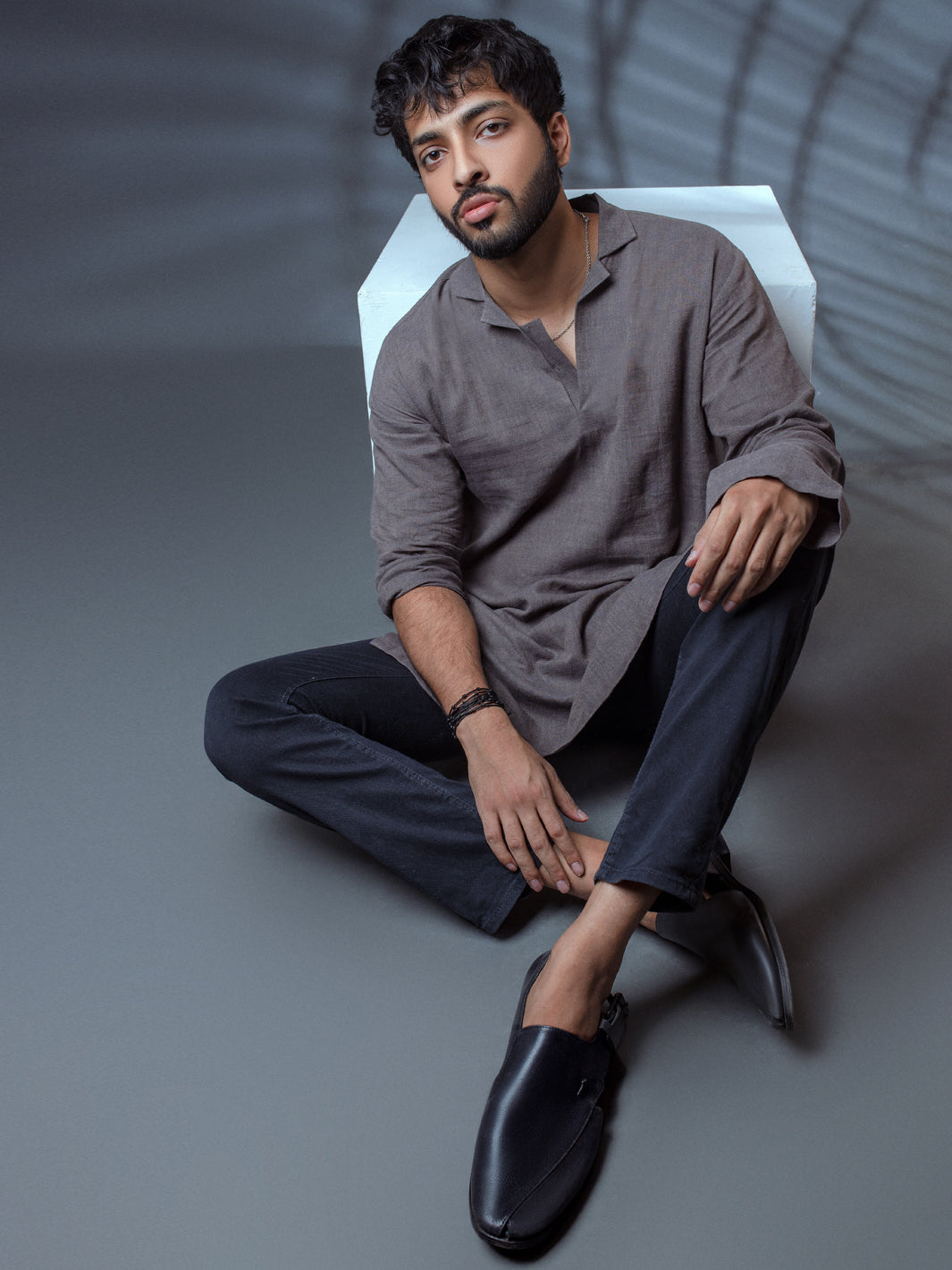 Grey Linen Short Kurta - ALCR-K-011 - Almirah Online