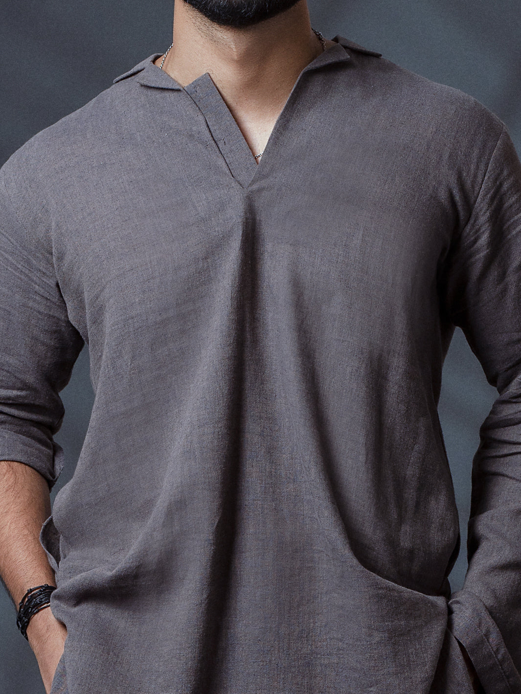 Grey Linen Short Kurta - ALCR-K-011 - Almirah Online