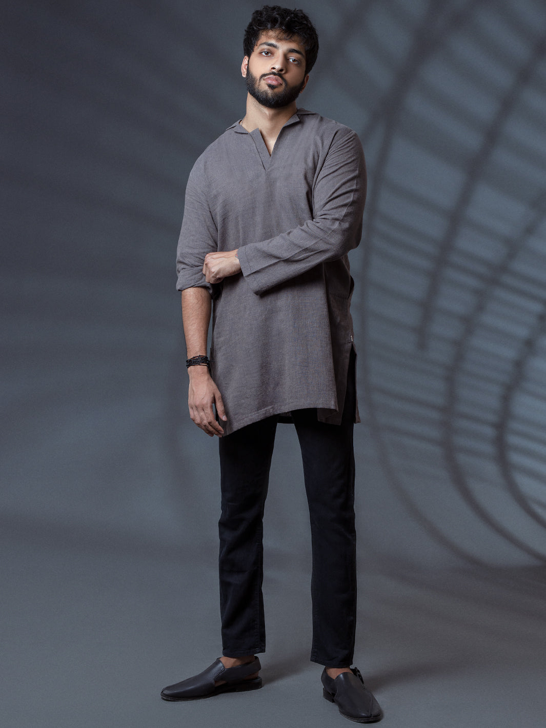 Grey Linen Short Kurta - ALCR-K-011 - Almirah Online