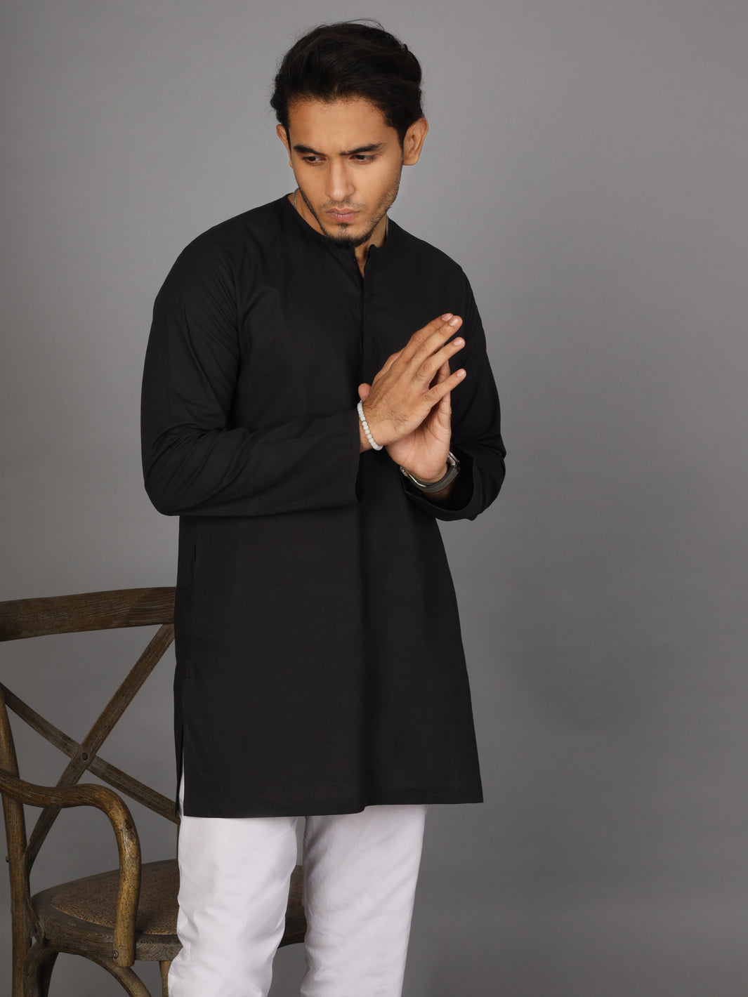 Black Linen Short Kurta - ALCR-K-015 - Almirah Online