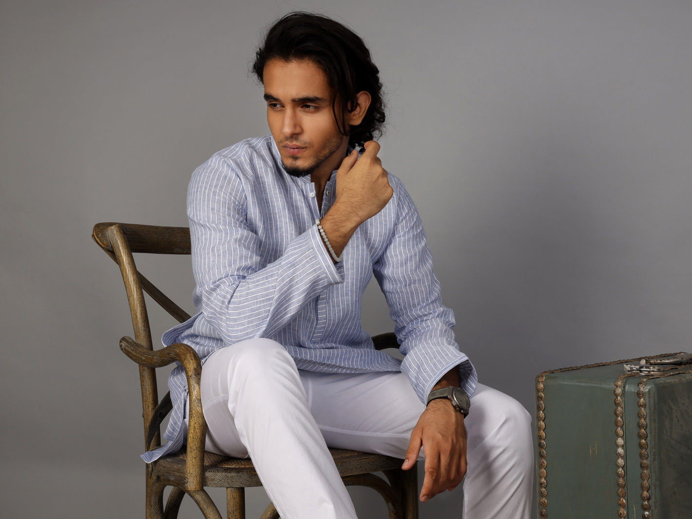 Light Blue Linen Short Kurta - ALCR-K-021 - Almirah Online