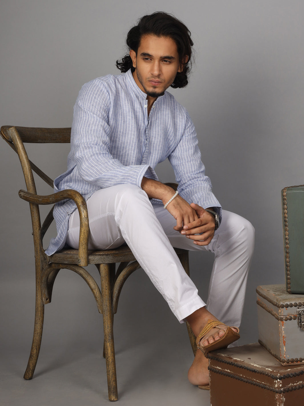 Light Blue Linen Short Kurta - ALCR-K-021 - Almirah Online
