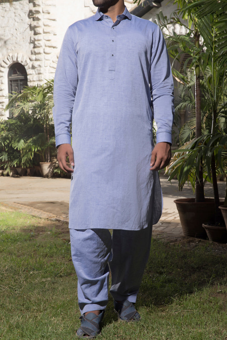 Blue Cotton Kameez Shalwar - ALWA-KS-076