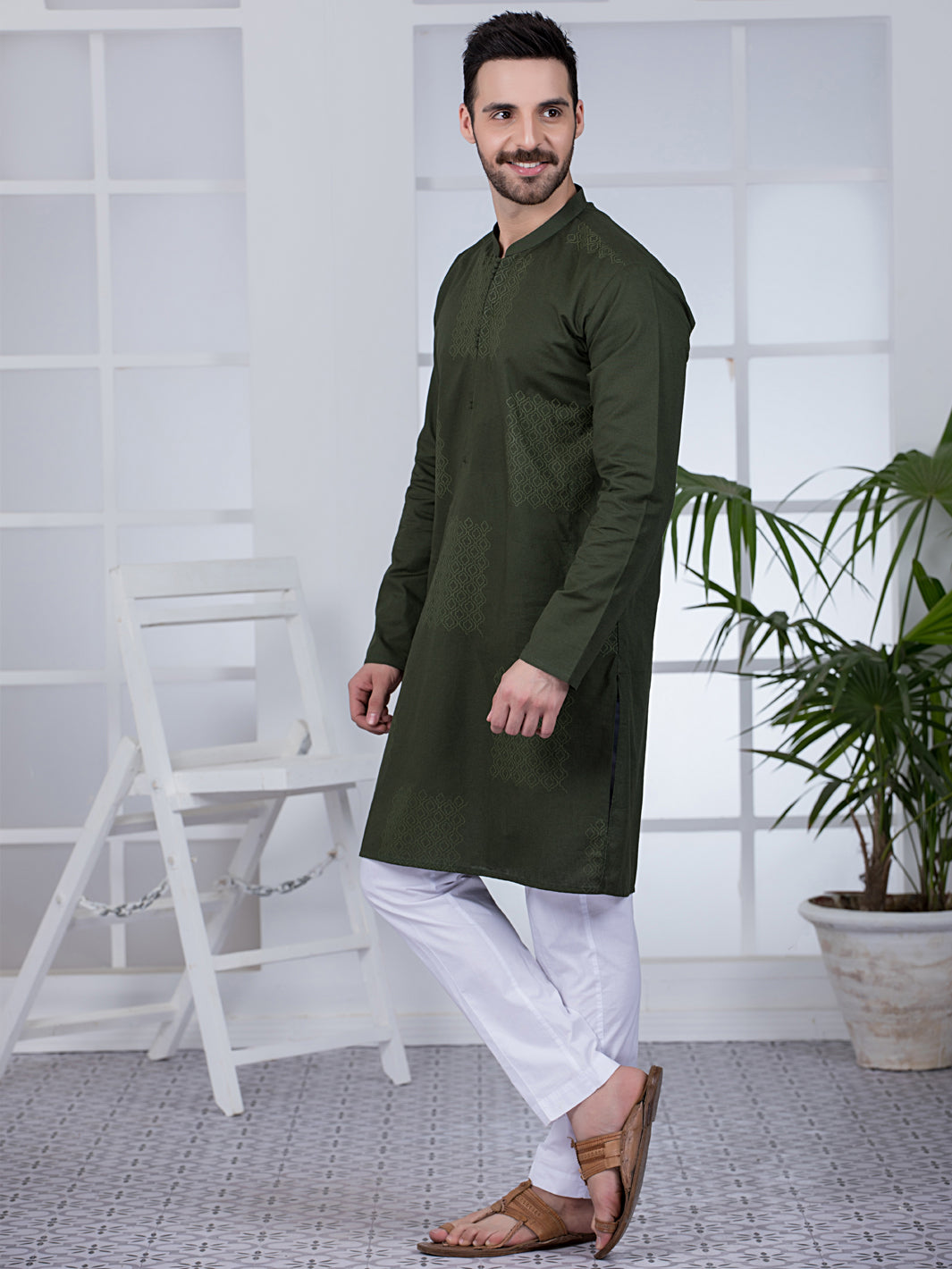 Olive Green Cotton Kurta - AL-K-1019