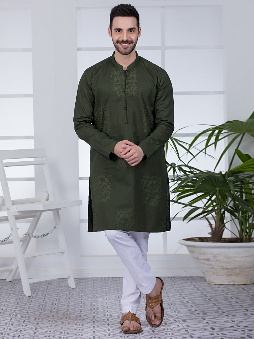 Olive Green Cotton Kurta - AL-K-1019