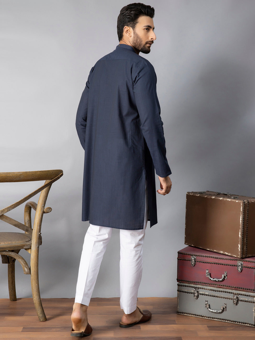 Navy Blue Blended Kurta - AL-K-1080