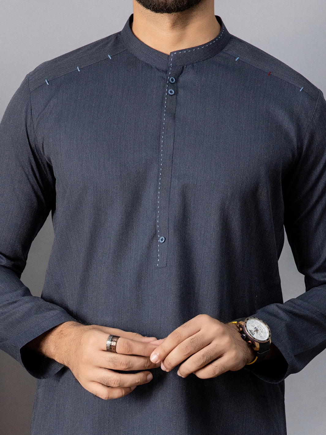 Navy Blue Blended Kurta - AL-K-1086B
