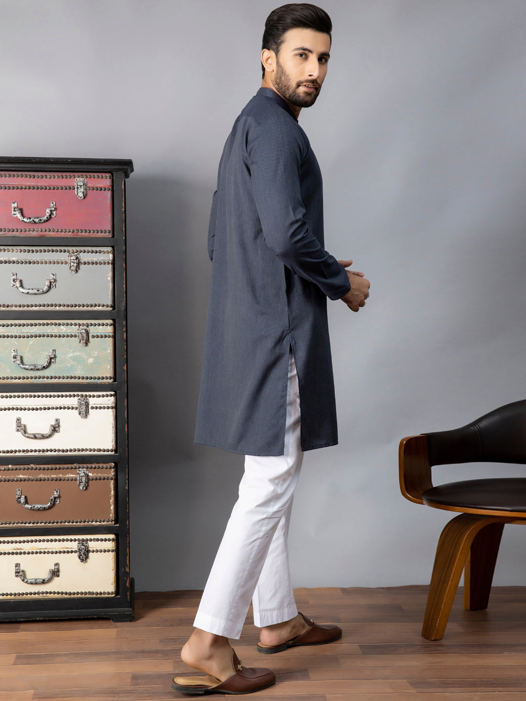 Navy Blue Blended Kurta - AL-K-1086B