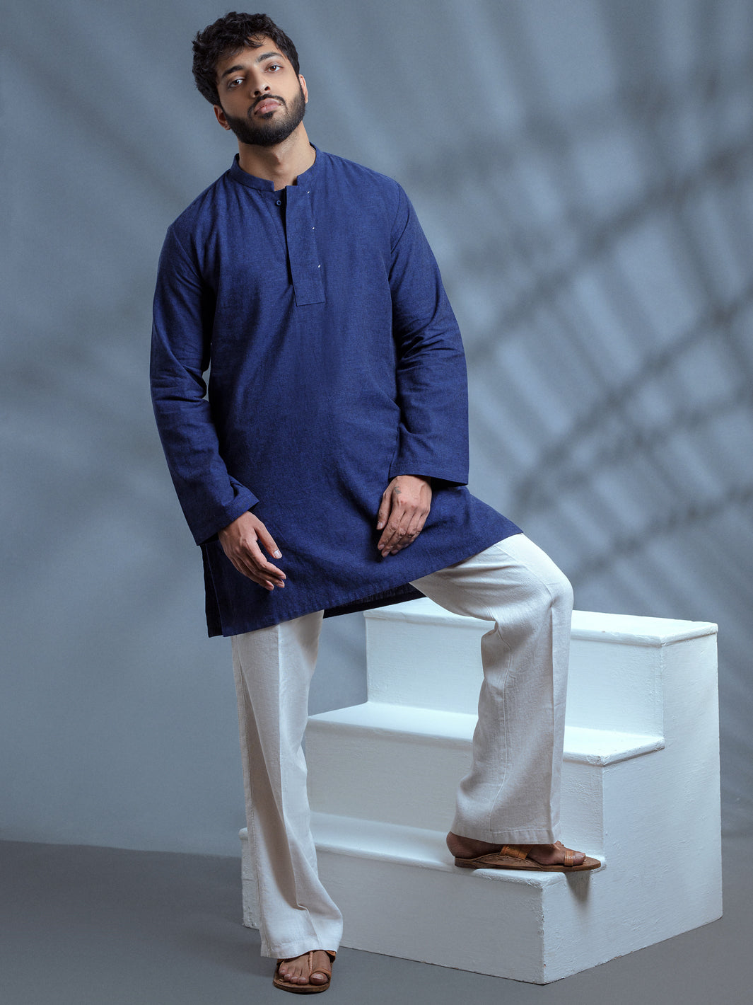 Blue Linen Short Kurta - ALCR-K-010 - Almirah Online
