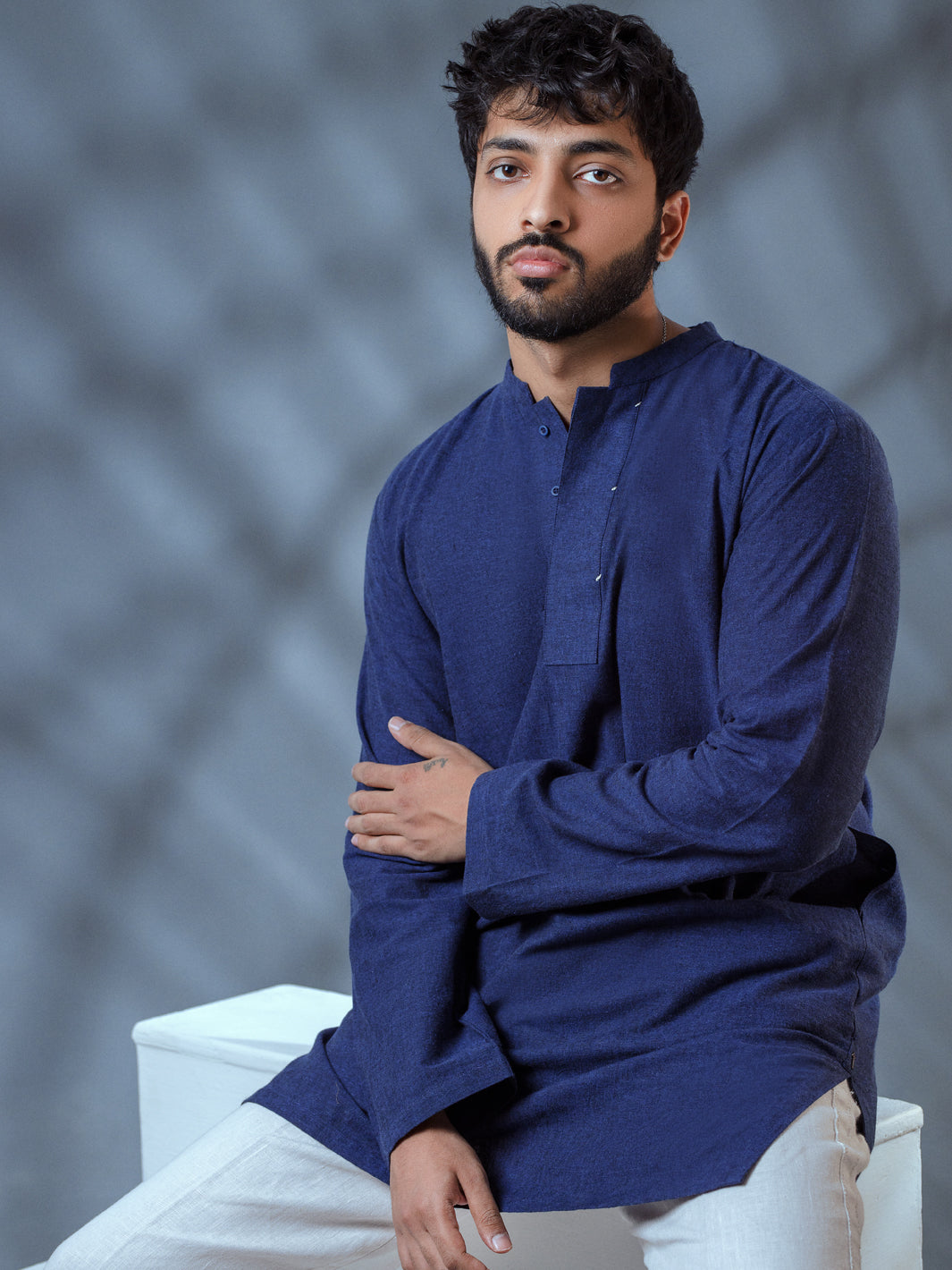 Blue Linen Short Kurta - ALCR-K-010 - Almirah Online
