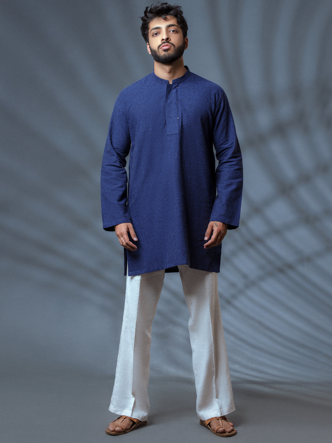 Blue Linen Short Kurta - ALCR-K-010 - Almirah Online
