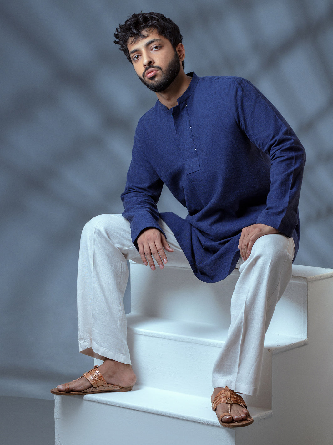 Blue Linen Short Kurta - ALCR-K-010 - Almirah Online