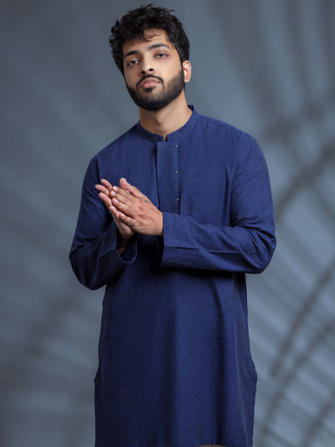Blue Linen Short Kurta - ALCR-K-010 - Almirah Online