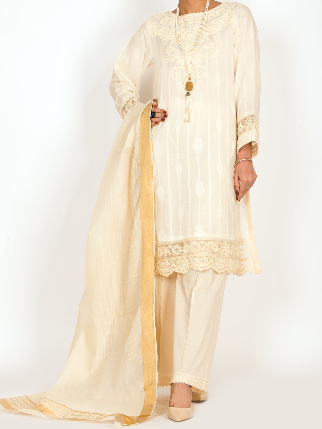 Off White Jacquard 3Pc Unstitched - ALP-3PS-1144