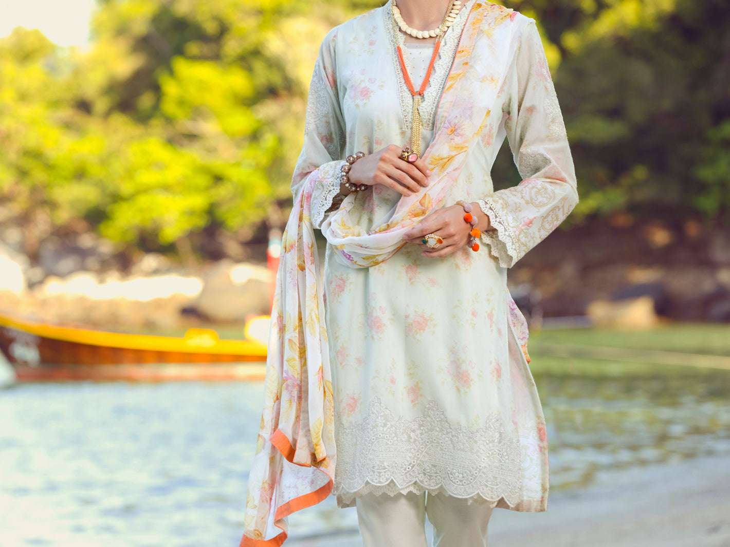 Cream Swiss Voile 3 Piece Unstitched - ALP-3PS-1152