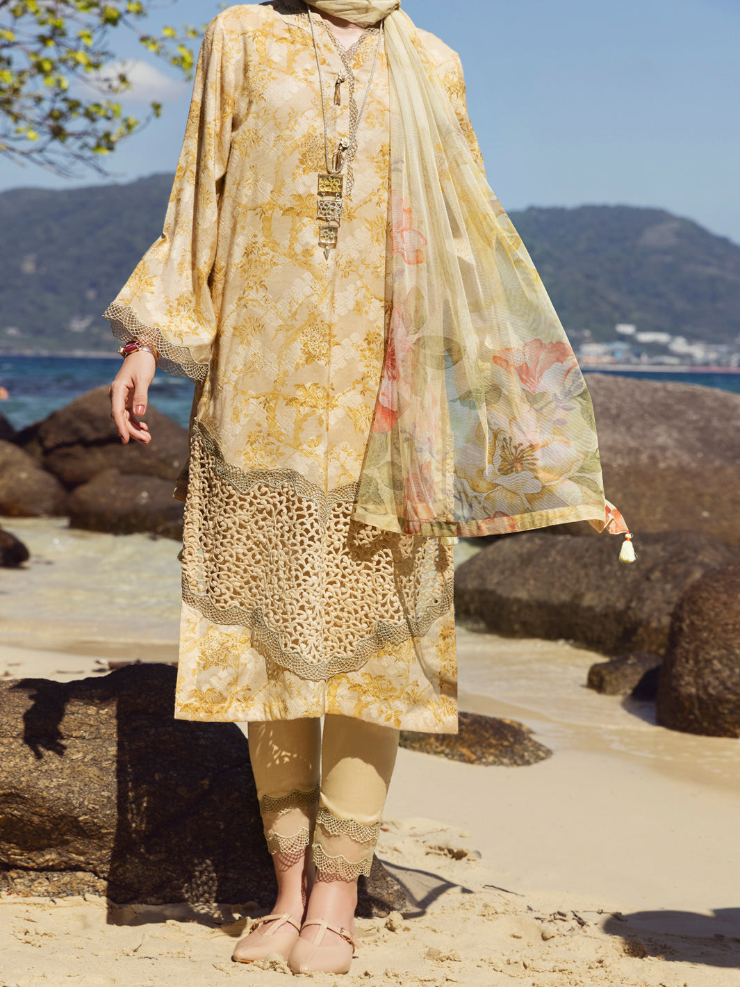 Golden Cotton Jacquard 3 Piece Unstitched - ALP-3PS-1155