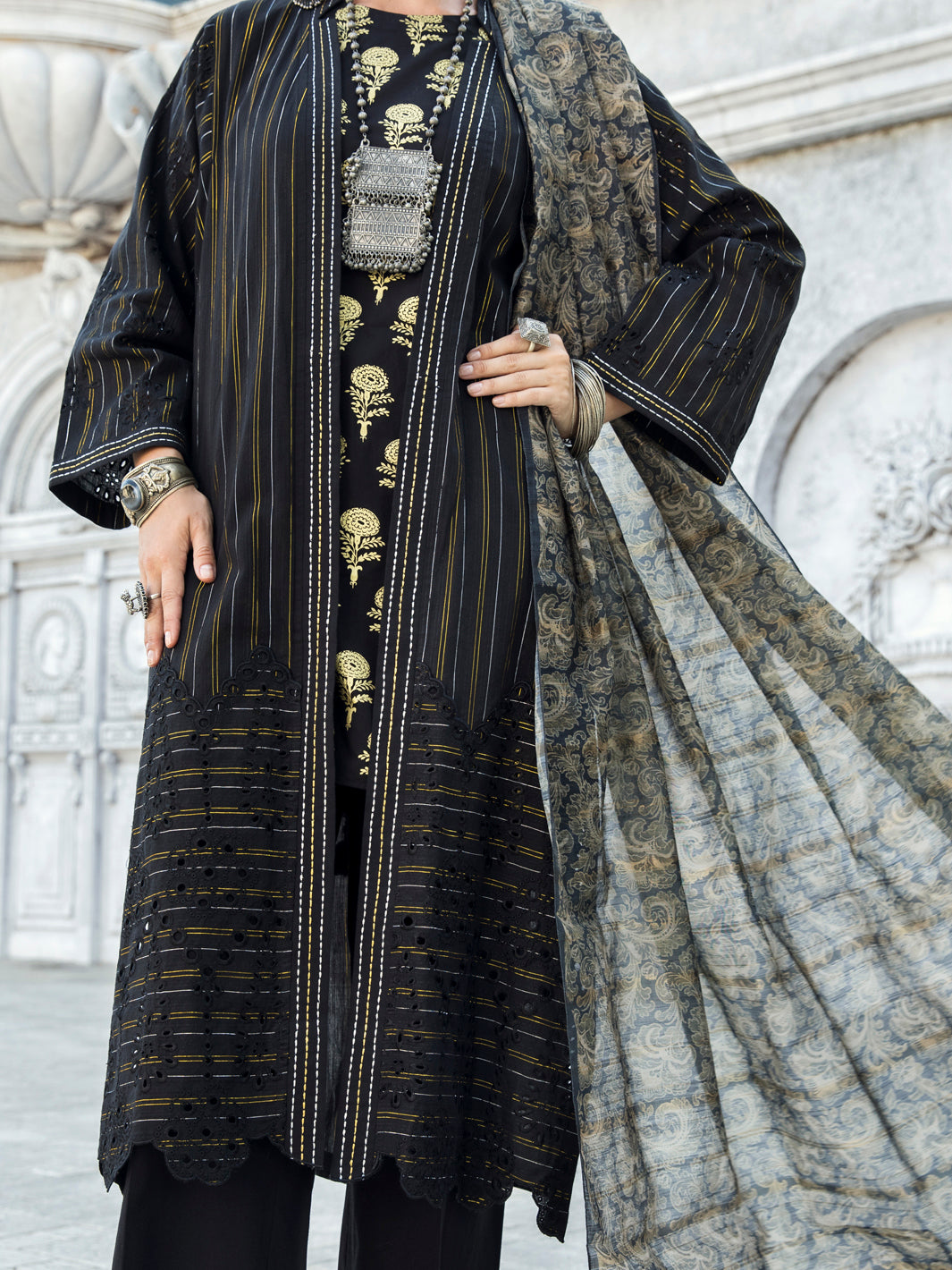 Black Lurex Jacquard 3 Piece Unstitched - ALP-3PS-1192