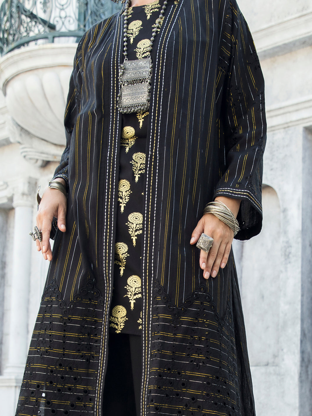 Black Lurex Jacquard 3Pc Stitched - ALP-3PS-1192