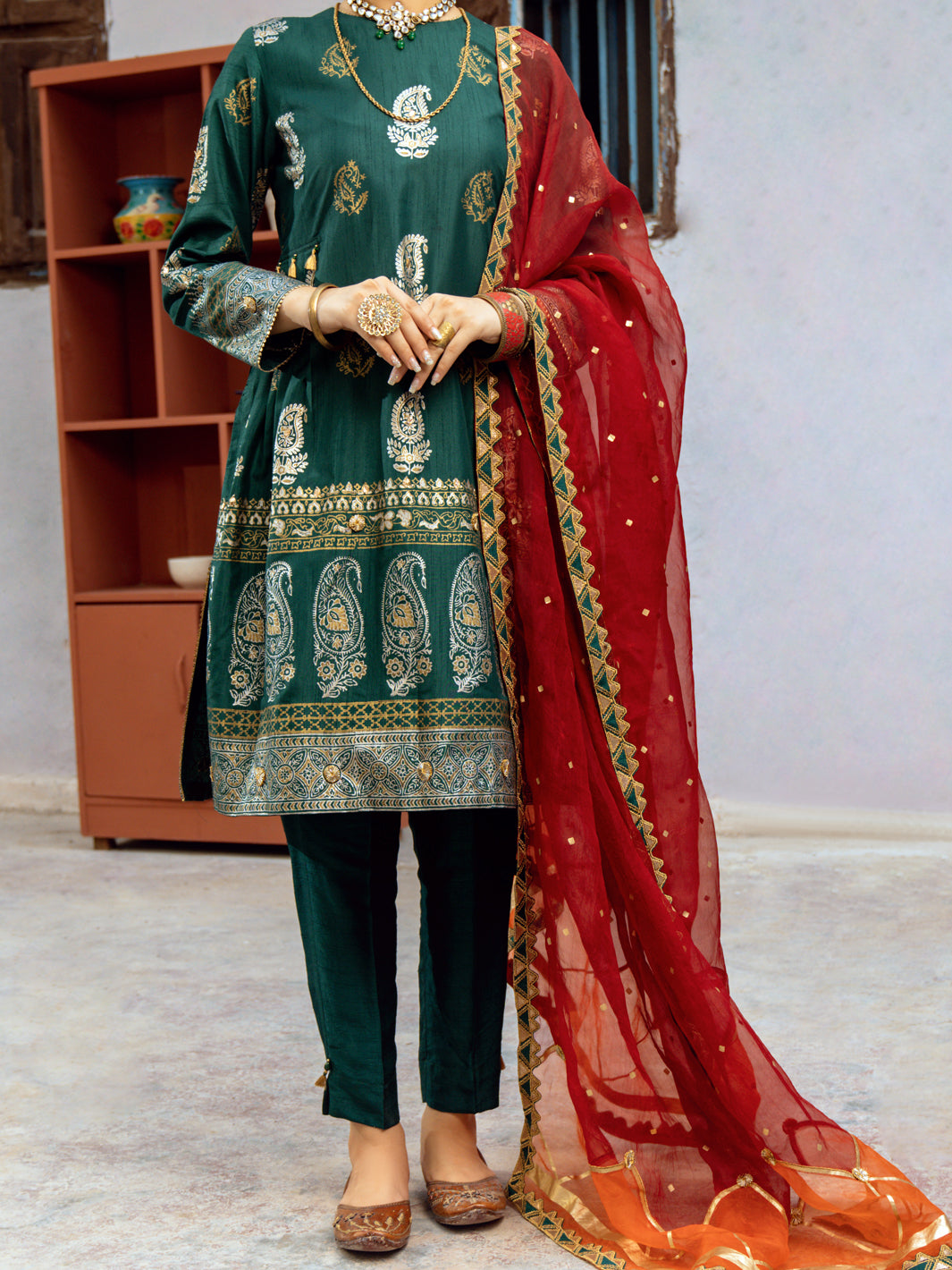 Green Silk 3Pc Unstitched - ALP-3PS-1195