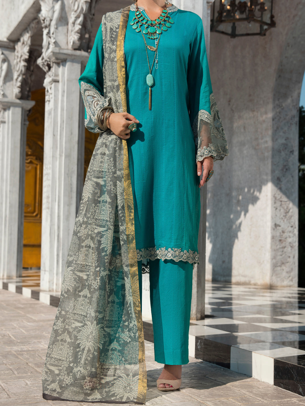 Sea Blue Nino Kara 3 Piece Unstitched - ALP-3PS-1256