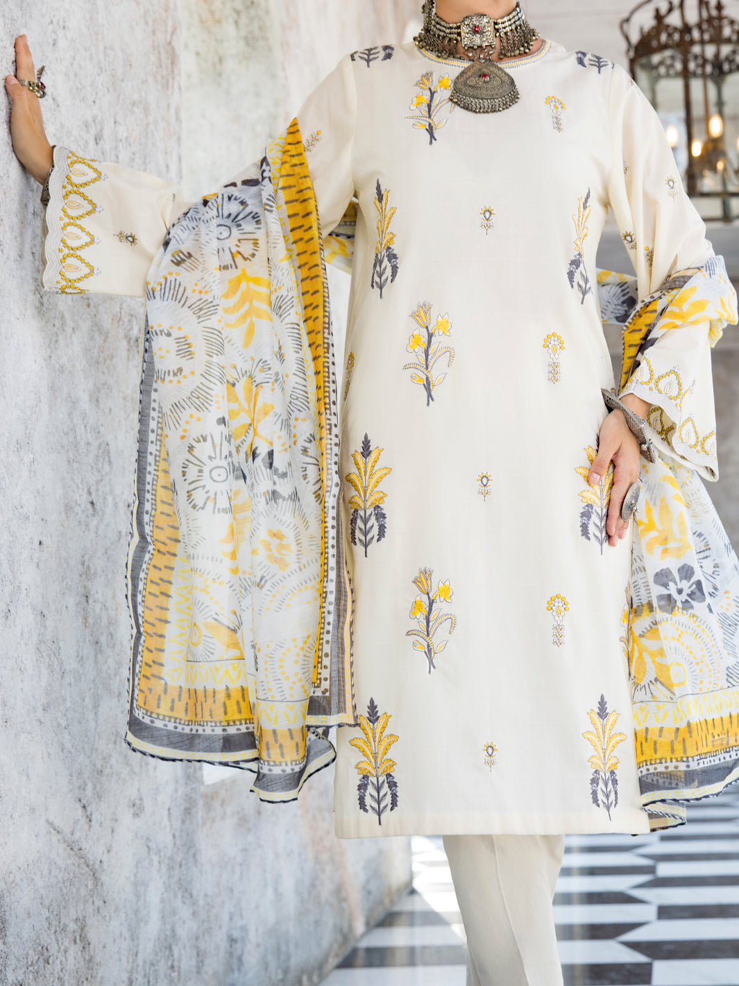 Off White Self-Jacquard 3 Piece Unstitched - ALP-3PS-1259