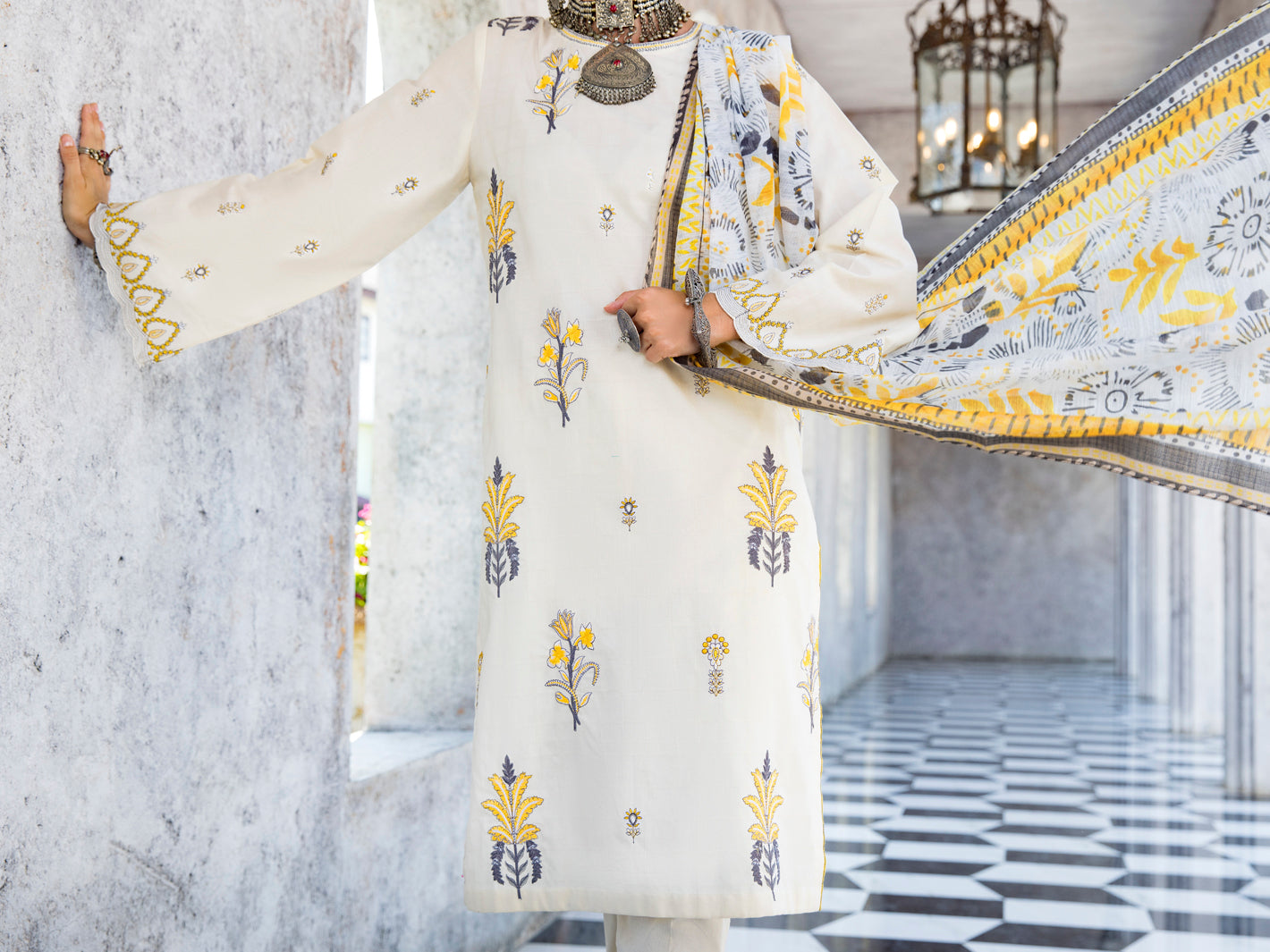 Off White Self-Jacquard 3 Piece Unstitched - ALP-3PS-1259