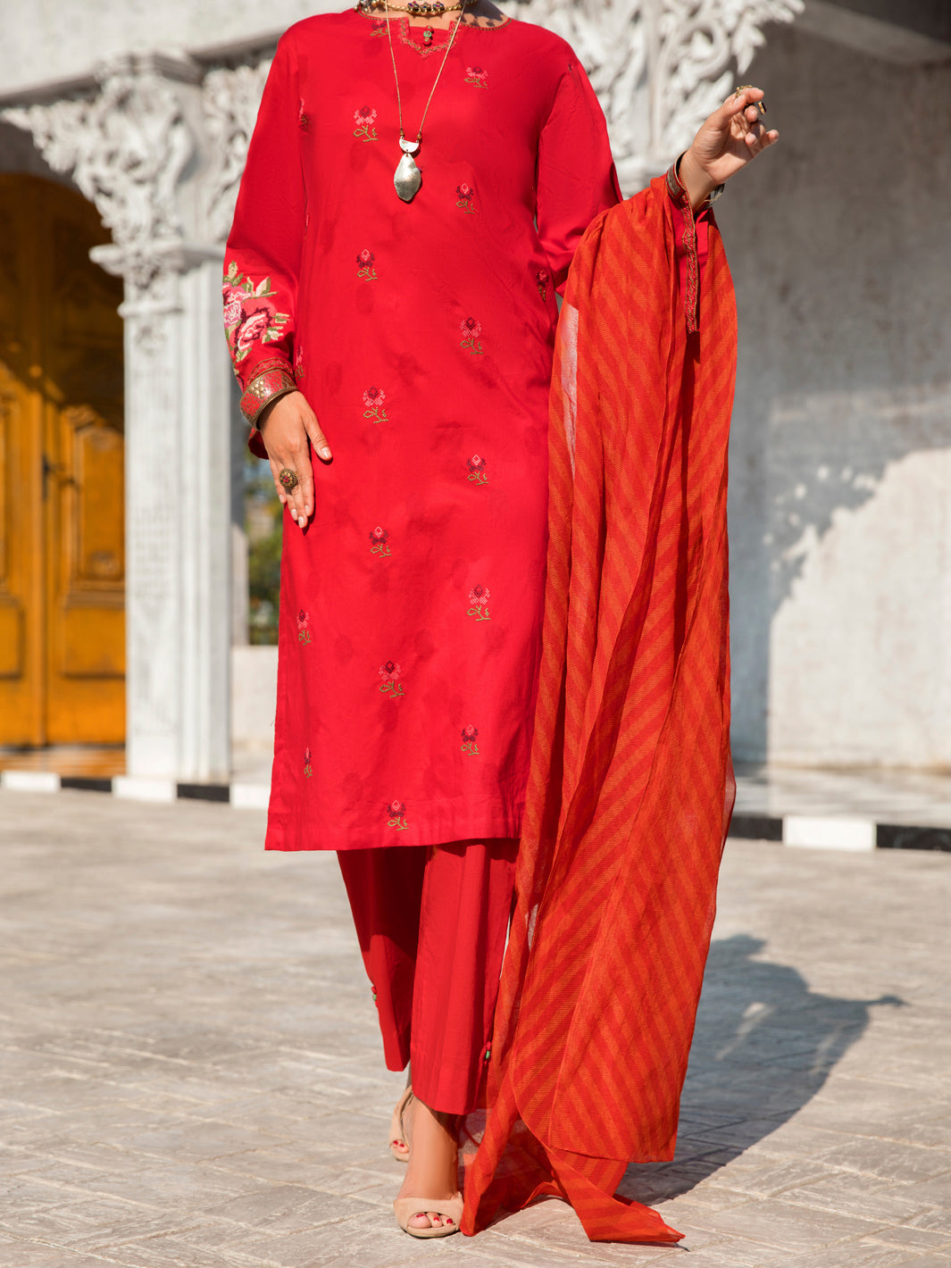 Red Self-Jacquard 3Pc Stitched - ALP-3PS-1260