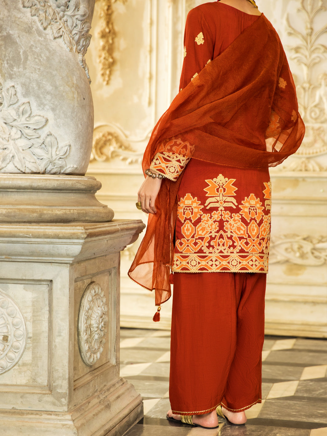 Rust Raw Silk 3Pc Stitched - ALP-3PS-1278