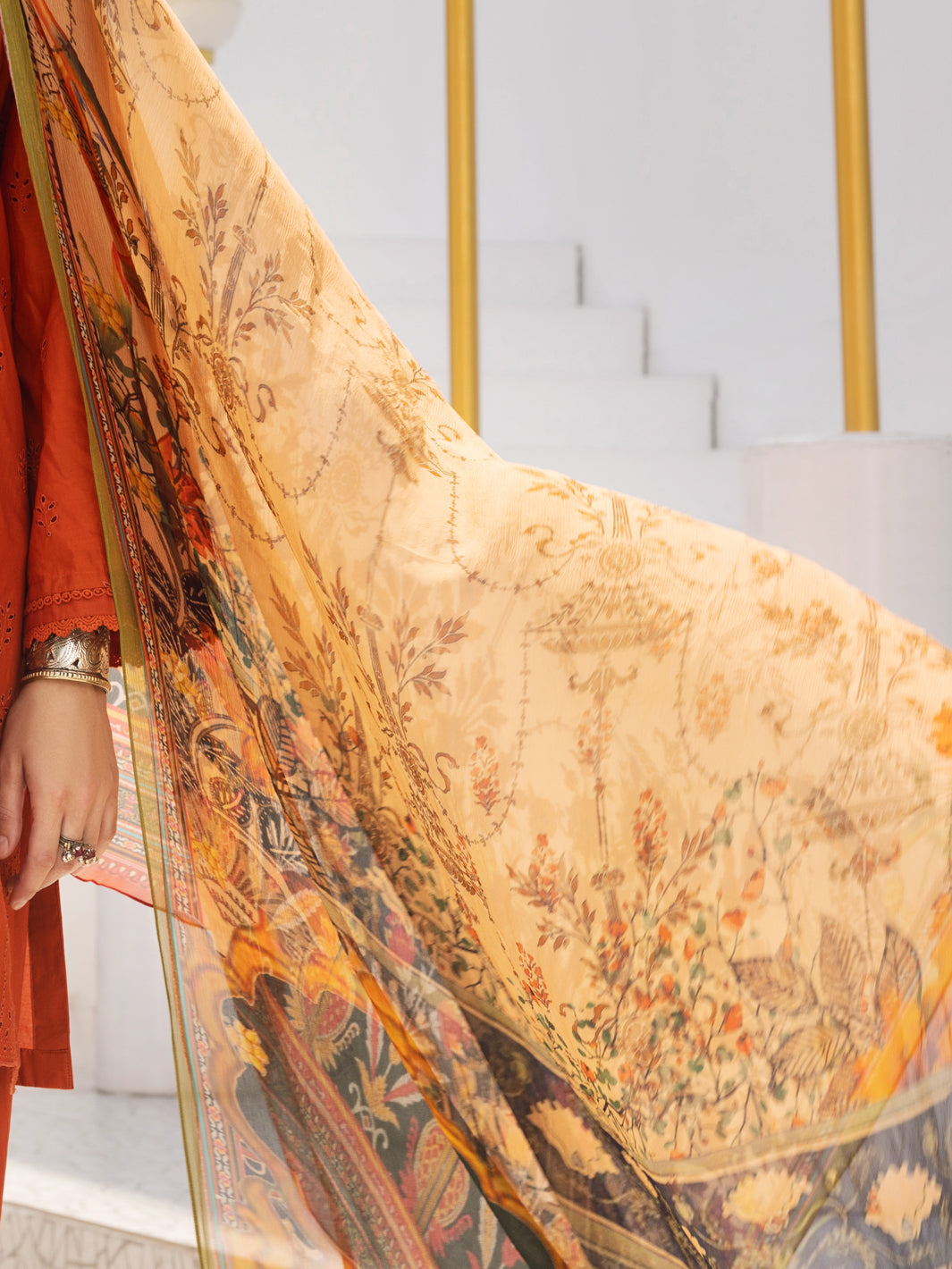 Orange Dobby Schiffli 3Pc Unstitched - ALP-3PS-1316