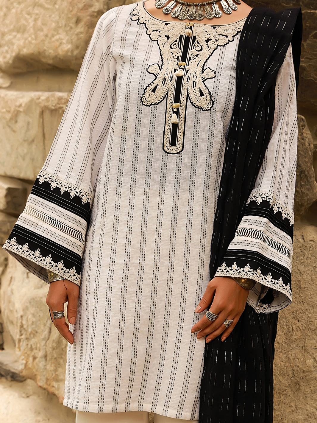 White Jacquard 3Pc Unstitched - ALP-3PS-1413