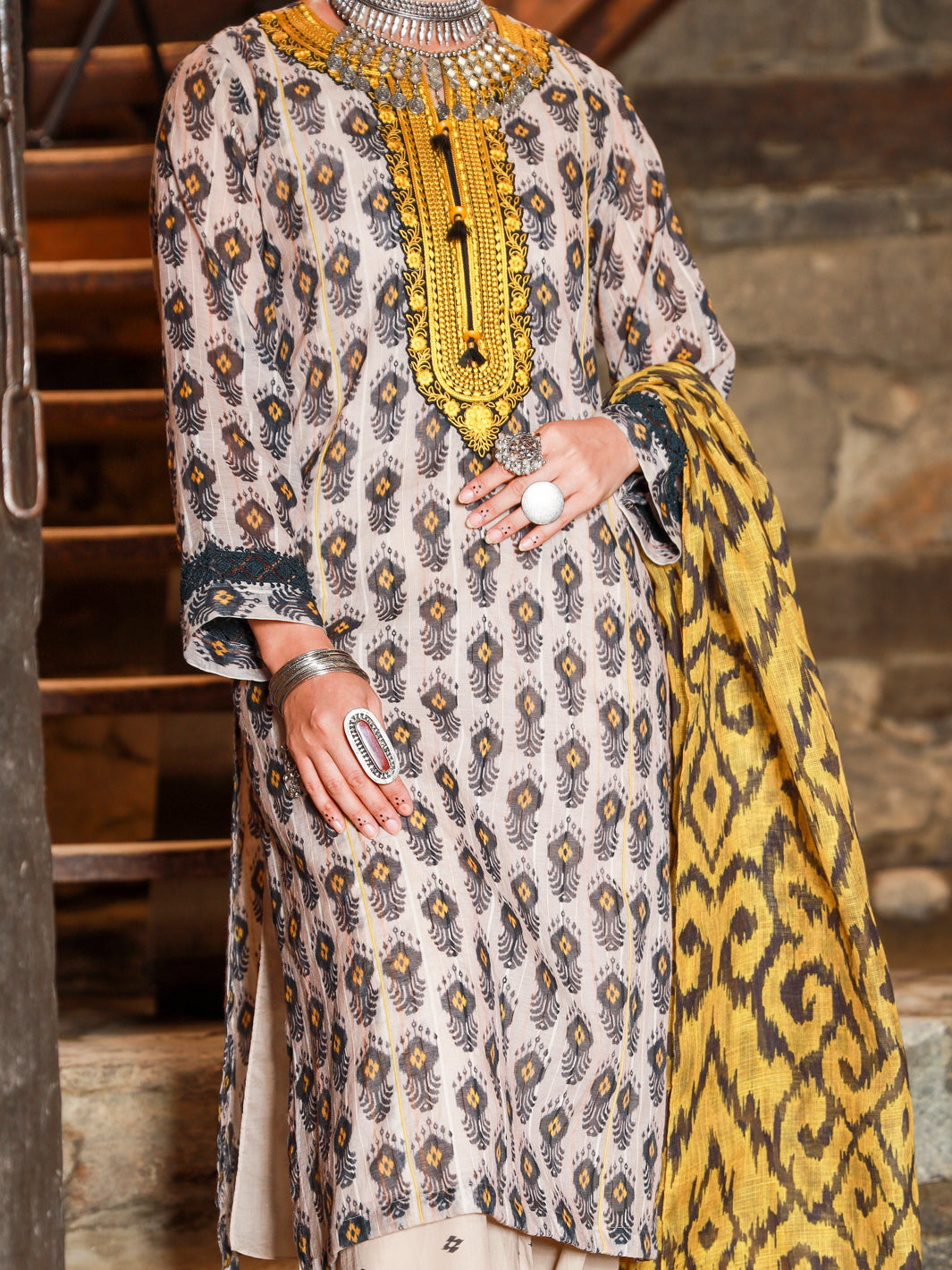 Beige Jacquard 3Pc Stitched - ALP-3PS-1420