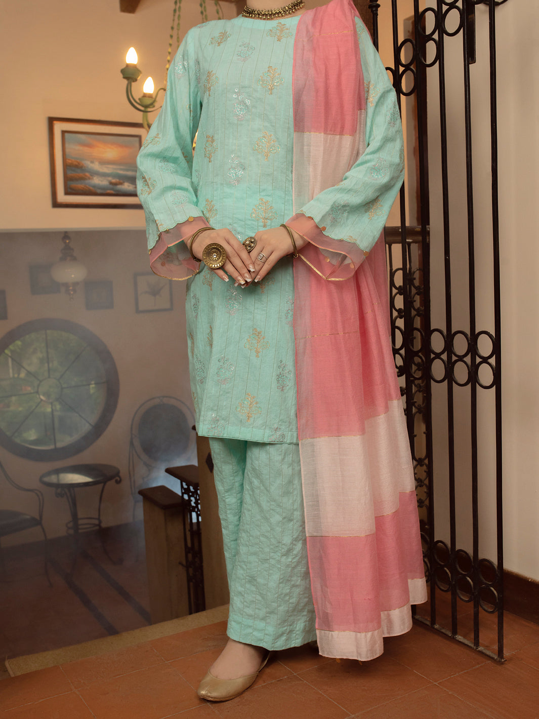 Ice Blue Jacquard 3 Piece Stitched - ALP-3PS-1433