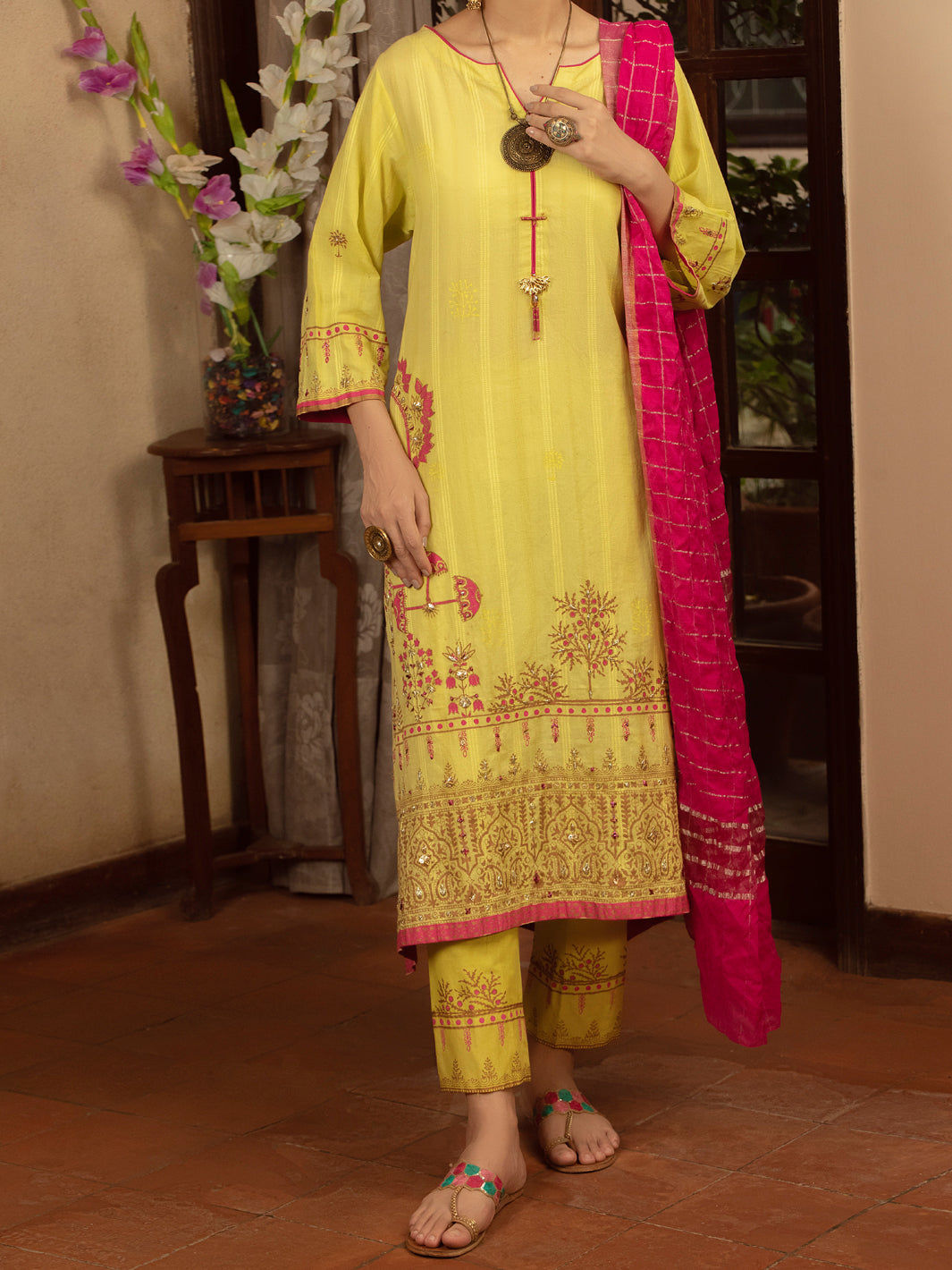 Lime Green Jacquard 3Pc Stitched - ALP-3PS-1434