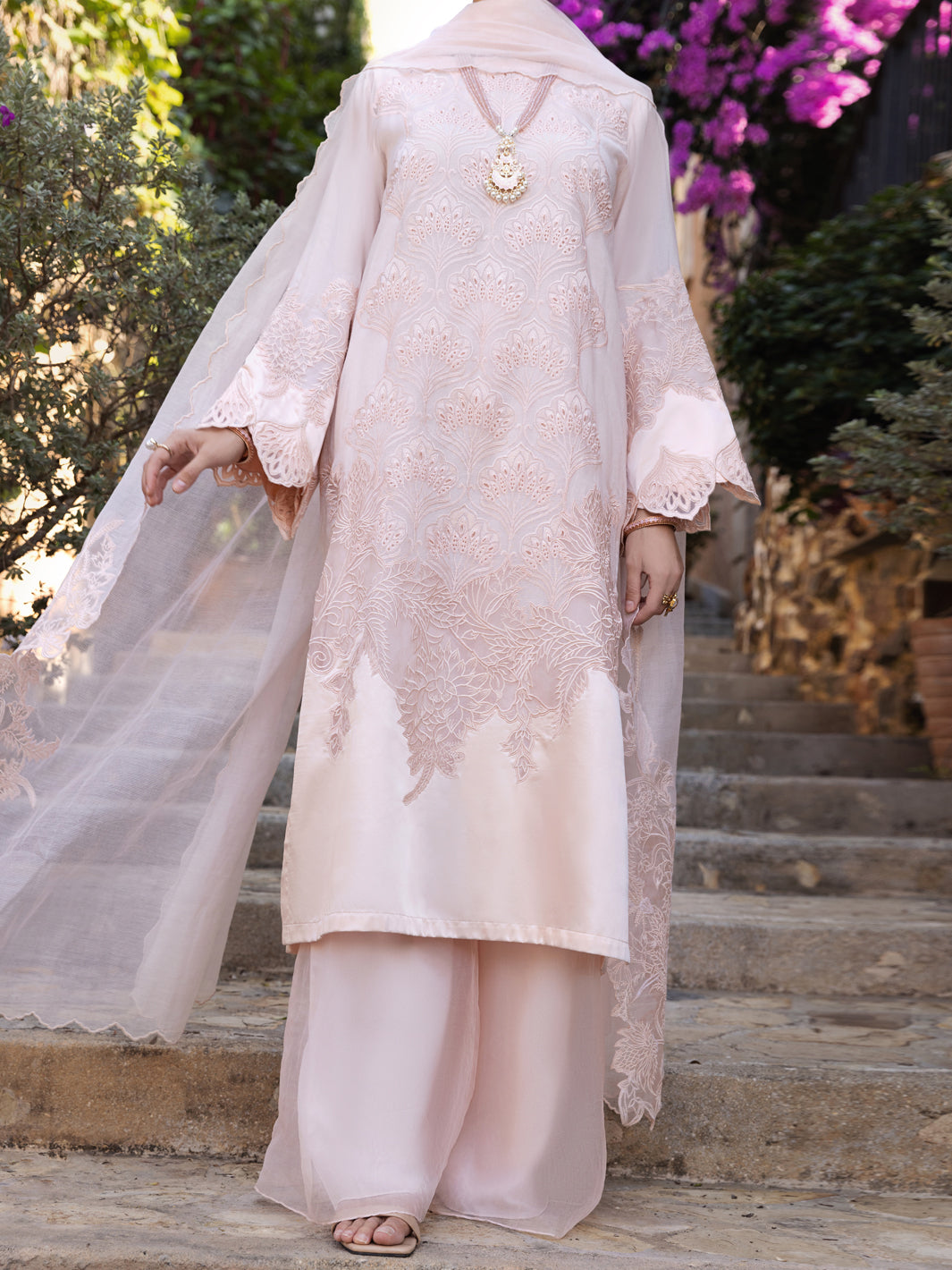 Peach Poly Khaddi Net 3 Piece Stitched - ALP-3PS-1536