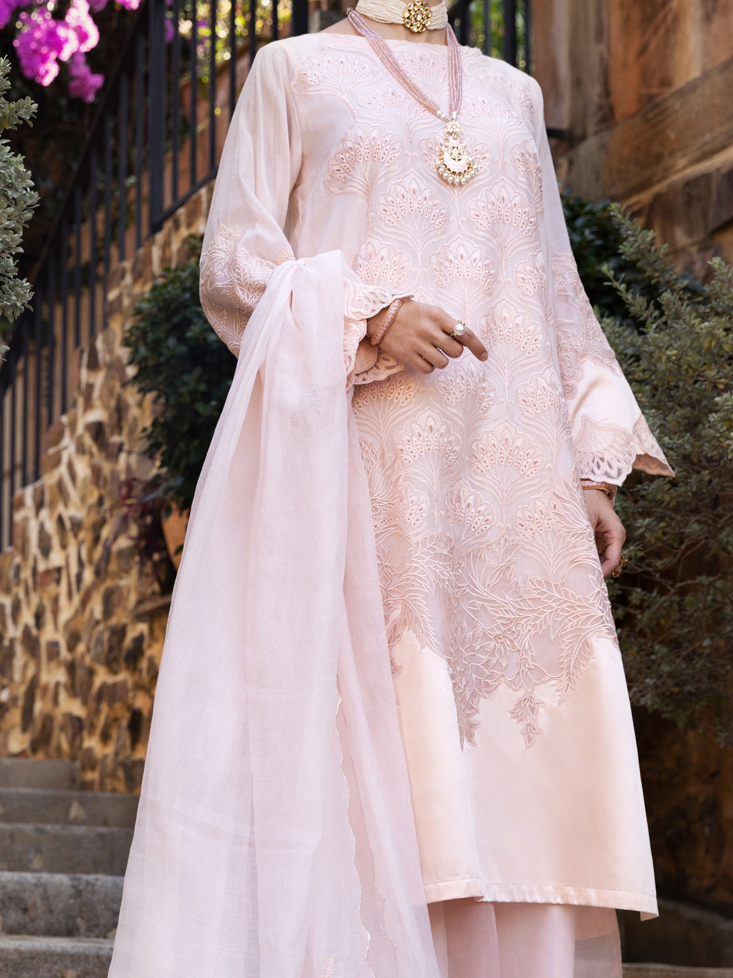 Peach Poly Khaddi Net 3 Piece Unstitched - ALP-3PS-1536
