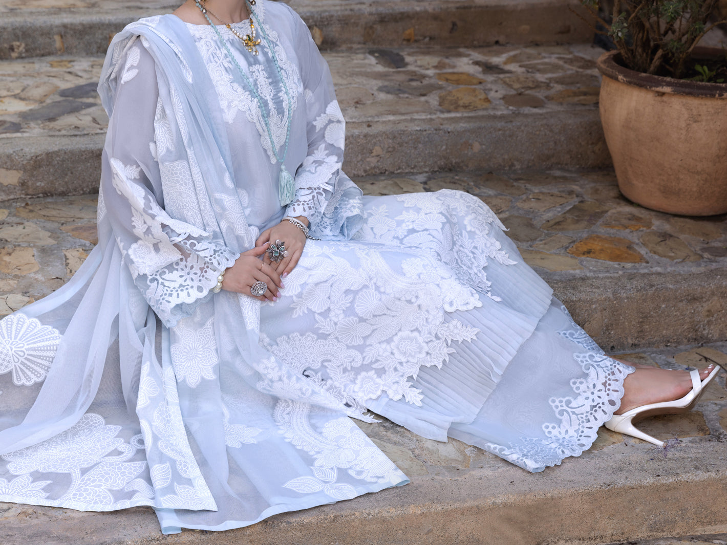 Ice Blue Organza Burnout 3 Piece Unstitched - ALP-3PS-1537