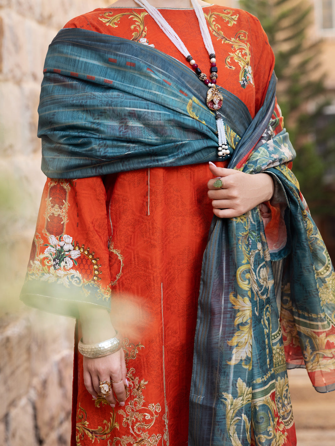 Orange Jacquard 3Pc Unstitched - ALP-3PS-1572