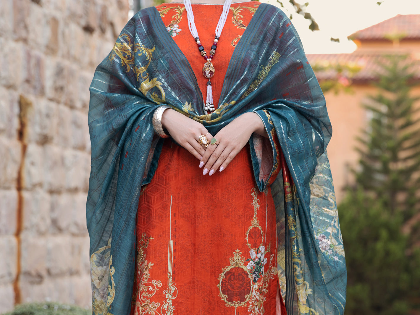 Orange Jacquard 3Pc Unstitched - ALP-3PS-1572