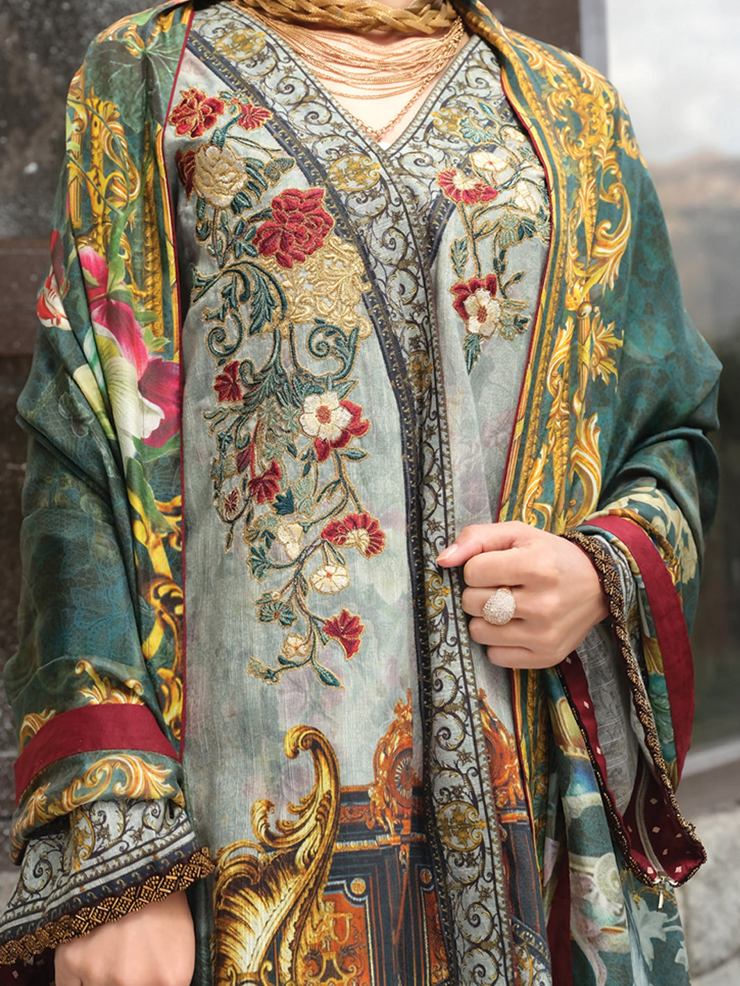 Saga Green Khaddar + Linen 3Pc Stitched - AWP-209