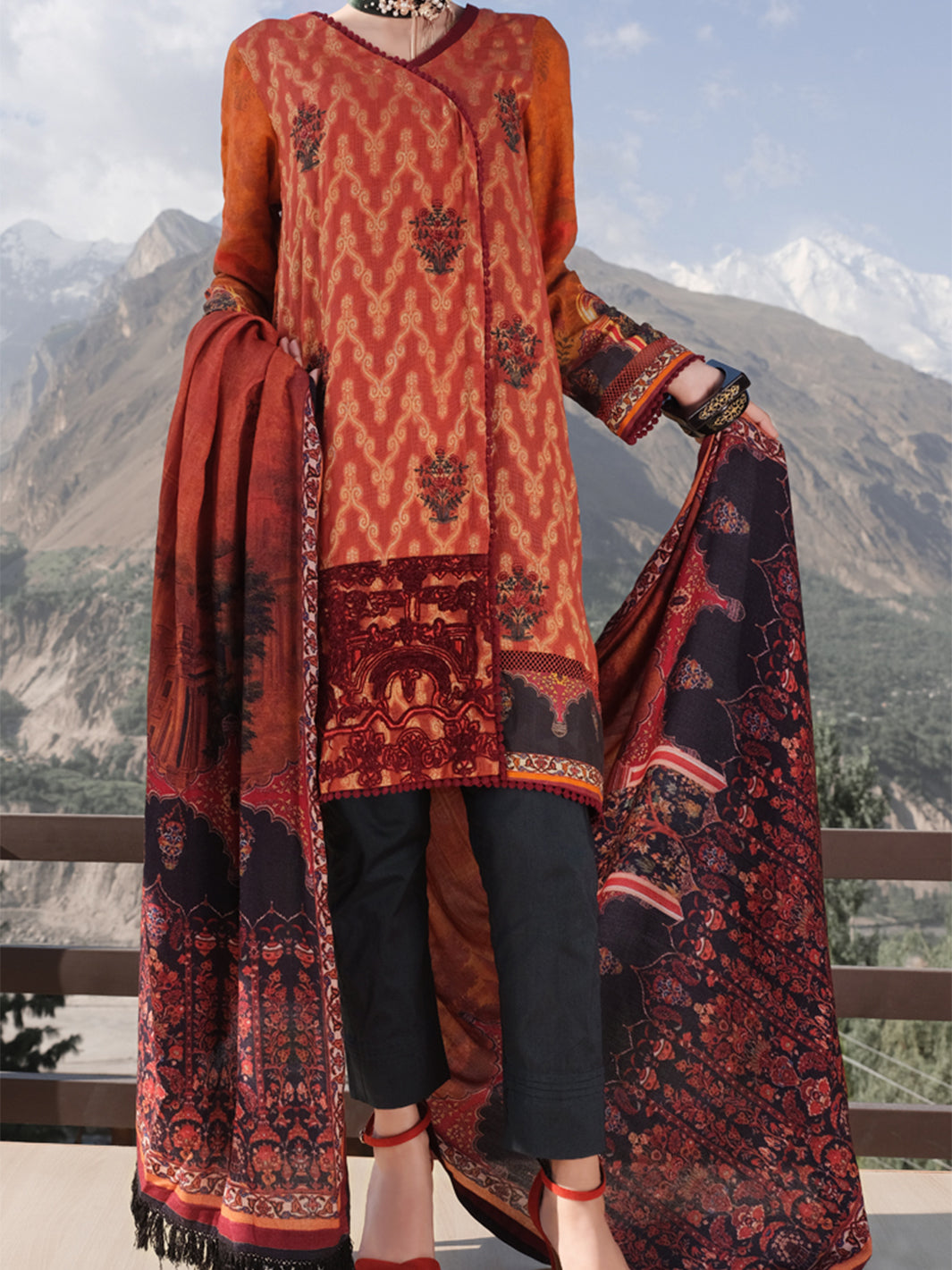 Orange Jacquard 3Pc Unstitched - AWP-222