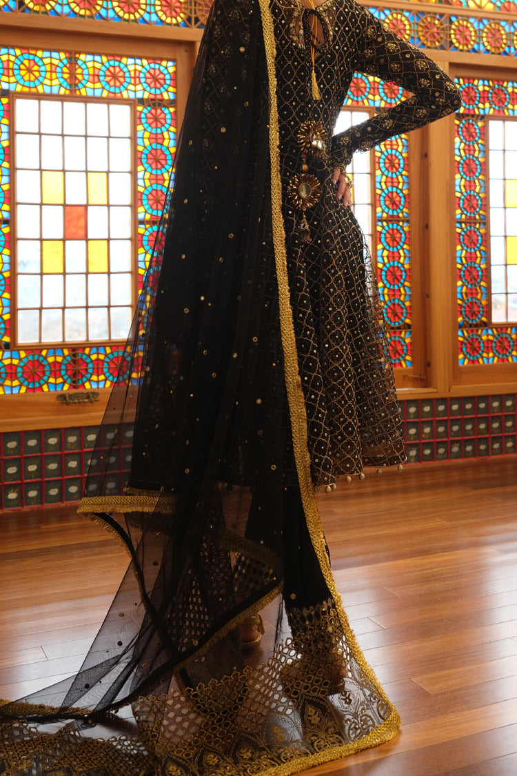 Black Net 3 Piece Stitched Fromal - AL-3PS-LS-255