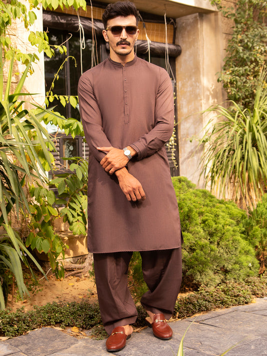 Brown Blended Kurta Shalwar - AL-KS-2669
