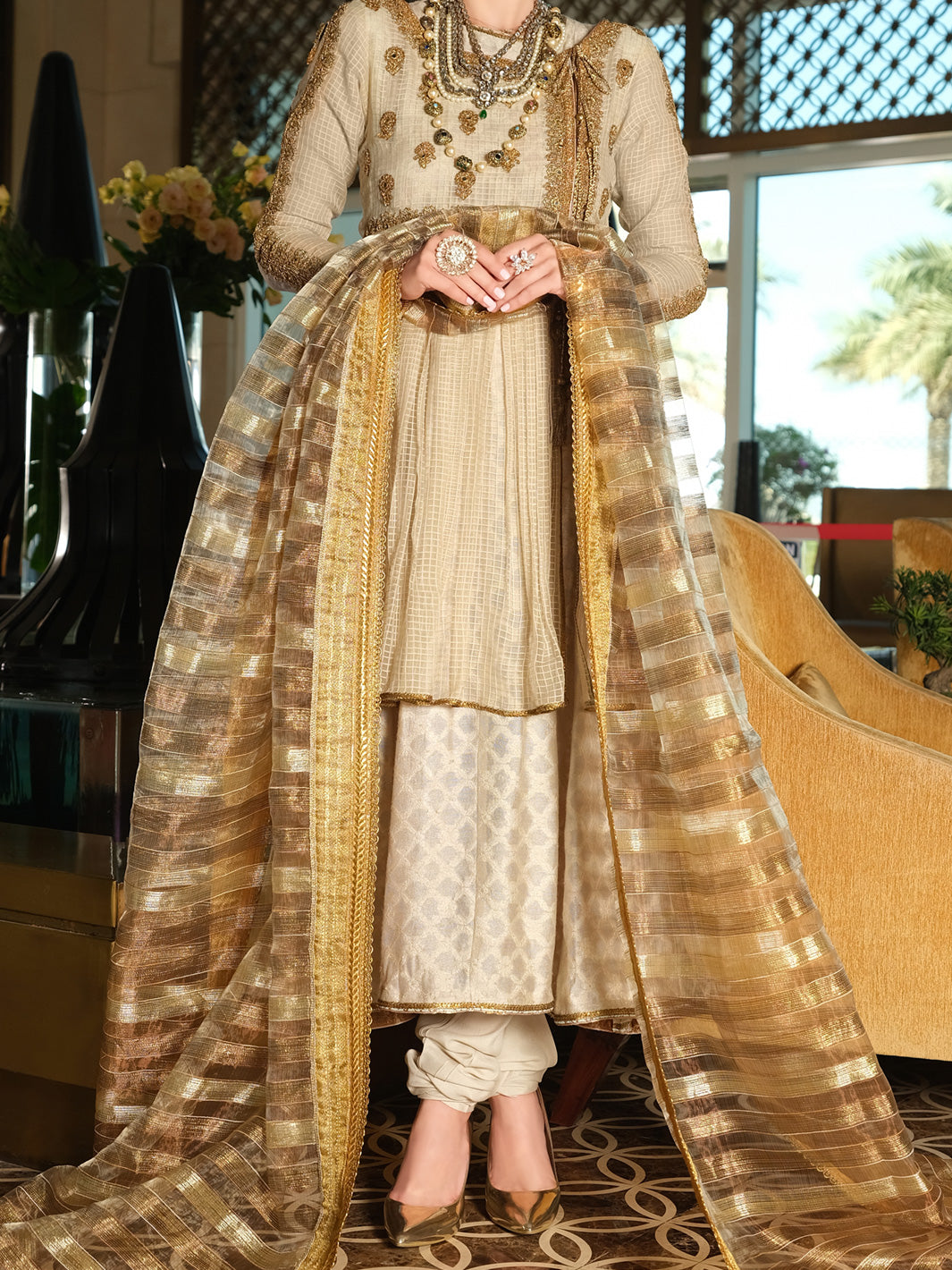 Beige Organza 3 Piece Formal - AL-3PS-LS-287
