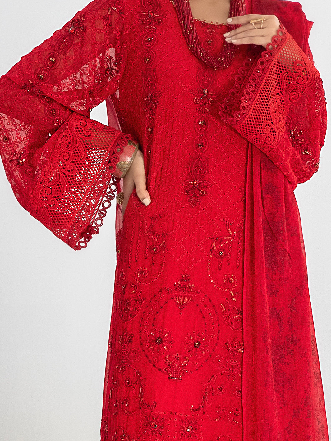 Red Bemberg Chiffon 3 Piece Formal Stitched - AL-3PS-LS-312
