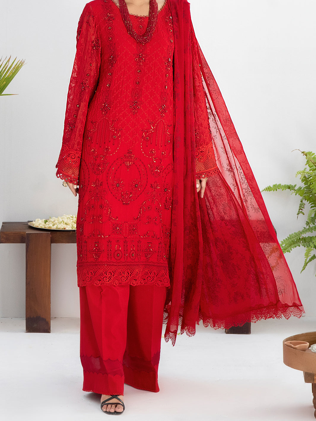 Red Bemberg Chiffon 3 Piece Formal Stitched - AL-3PS-LS-312