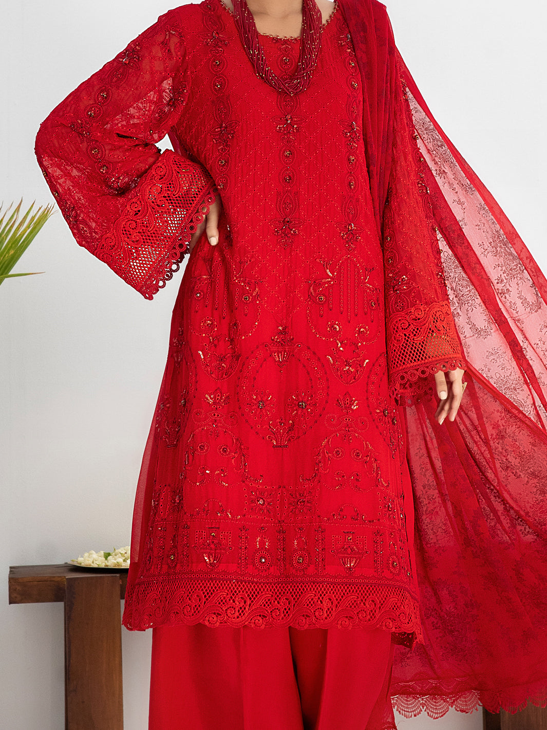 Red Bemberg Chiffon 3 Piece Formal Stitched - AL-3PS-LS-312
